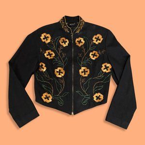 🌸sold💋Vintage MODI Denim Black Floral Sequin Beaded Cropped Jacket Sz Medium